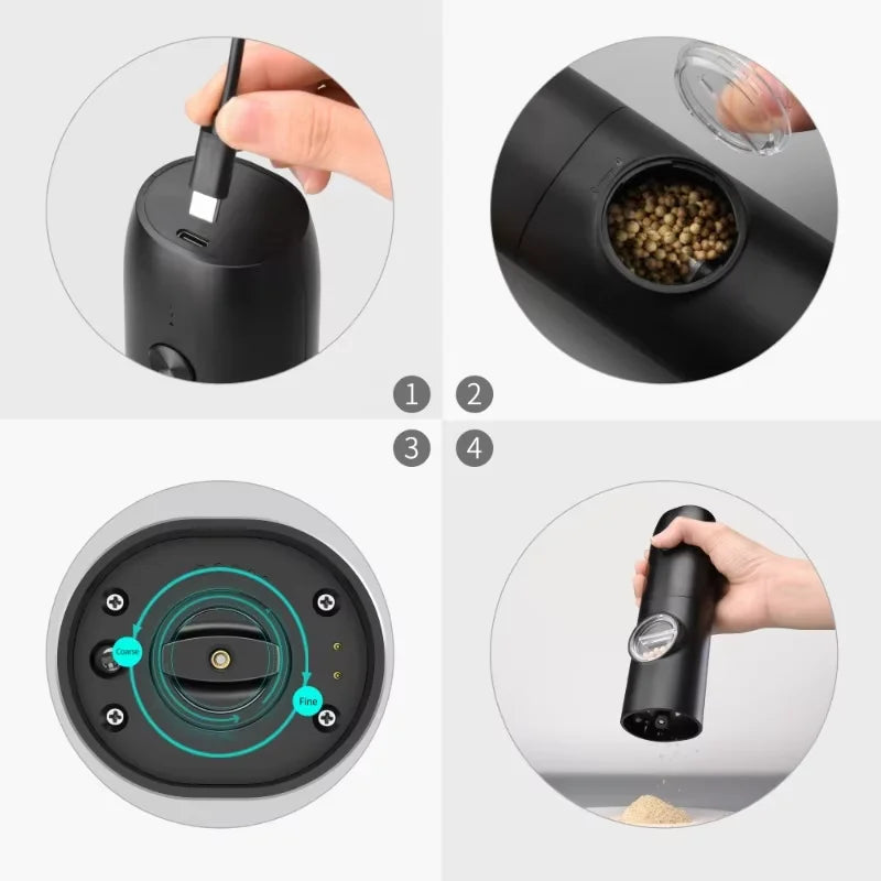 Molinillo eléctrico de sal y pimienta con base de carga y luz LED, molinillo automático de especias y hierbas con grosor ajustable.