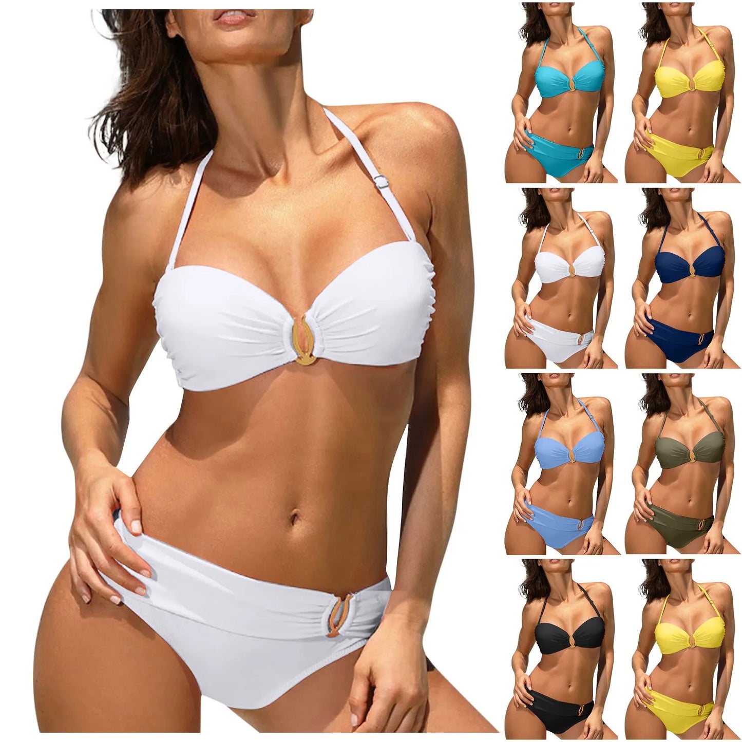 Bikini sexy con aros para mujer, traje de baño blanco liso con cuello halter, microbañador push up de metal, traje de baño brasileño de dos piezas 2023, nuevo