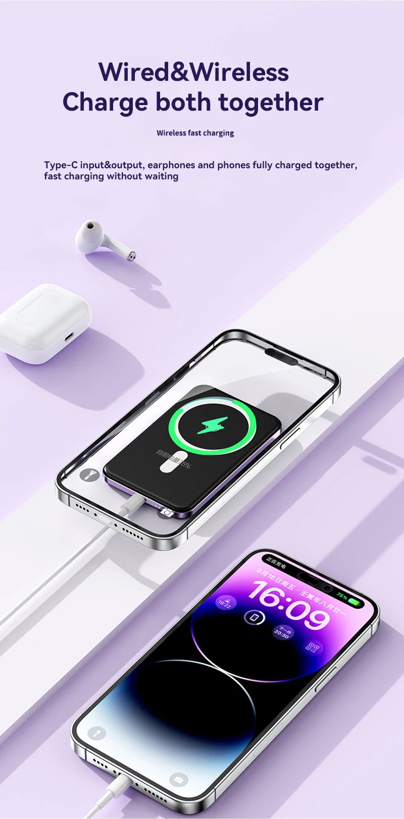 Cargador portátil magnético ultrafino Xiaomi de 500.000 mAh y 22,5 W PD con carga ultrarrápida para iPhone y Samsung.