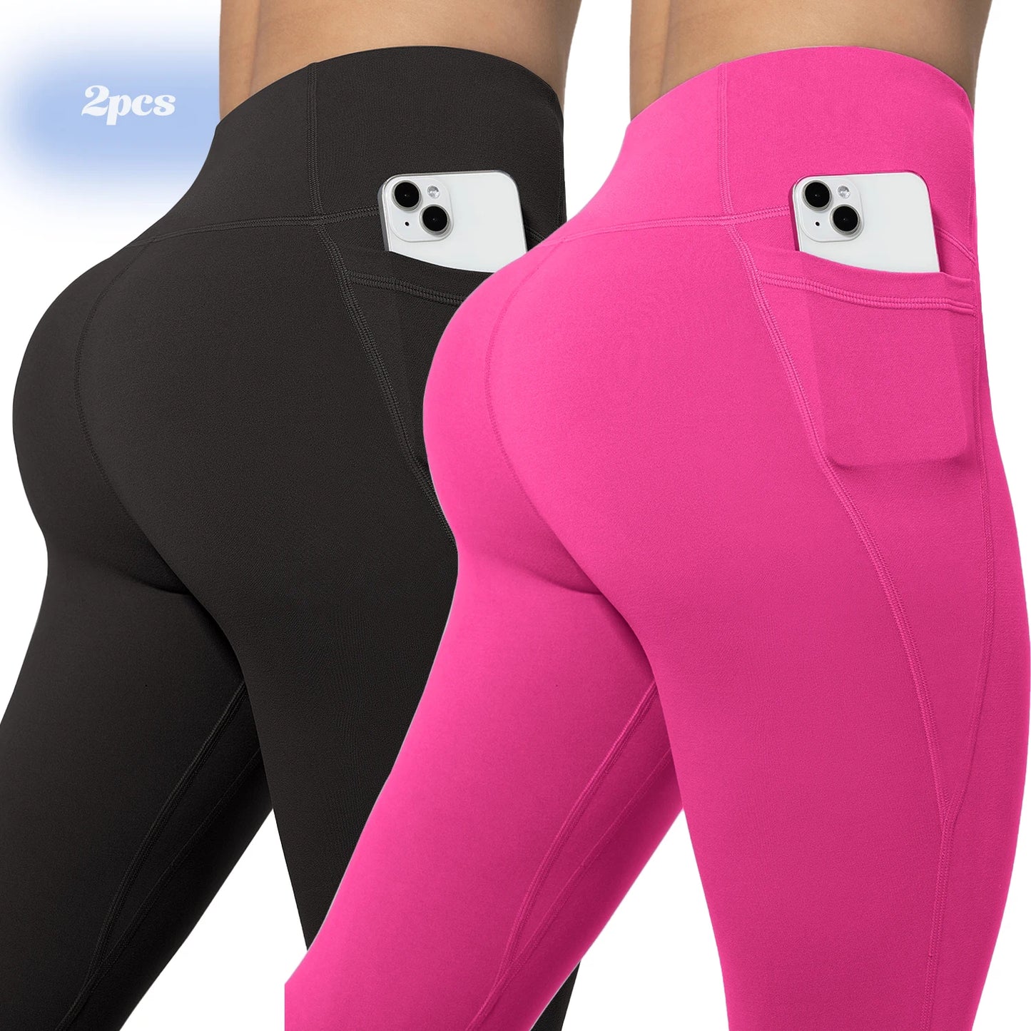 Leggings de yoga para mujer, 2 unidades, con bolsillos, color liso, para gimnasio, actividades al aire libre, cintura alta, ajustados, pantalones deportivos para correr.
