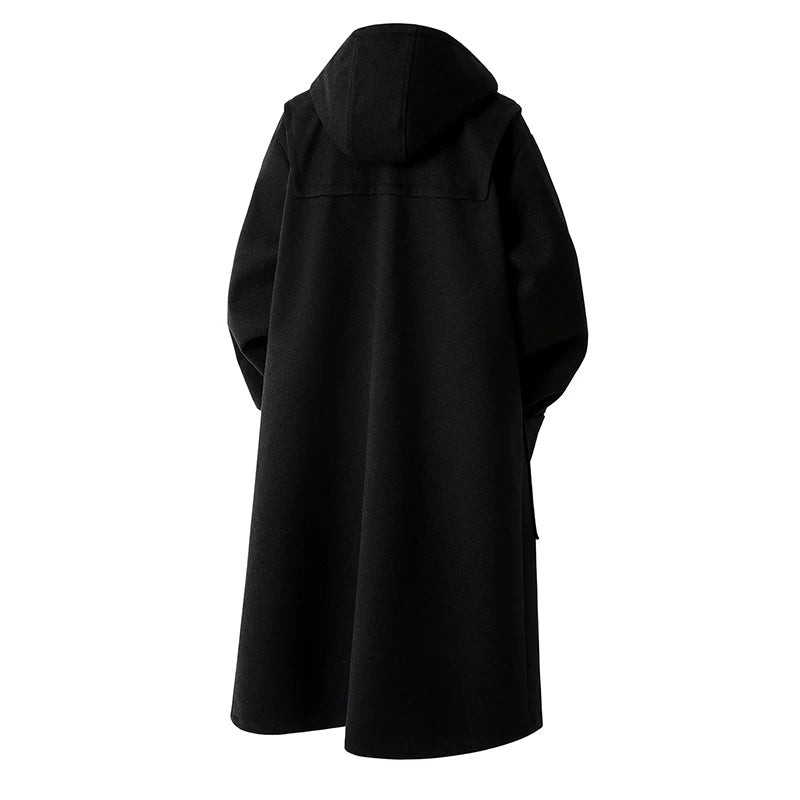 Autumn Men Thick Hooded Trench Coat Men Korean Wool Blends Overcoat Men Casual Horn Button Woollen Coat Black Warm Loose Coat