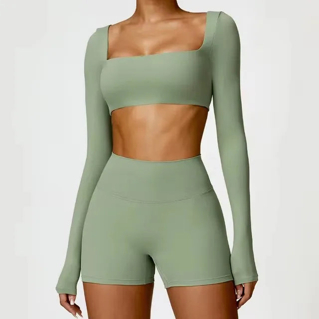 Conjunto deportivo de 2 piezas para mujer, de secado rápido, para gimnasio, chándal para correr, entrenamiento, camiseta deportiva de manga larga, ropa de yoga