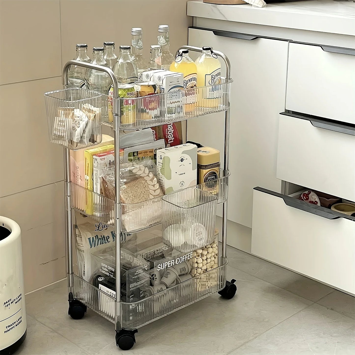 Carrito de almacenamiento transparente de 3 niveles con ruedas: organizador rodante multifuncional para el hogar y la oficina, ideal para el dormitorio y la sala de estar.
