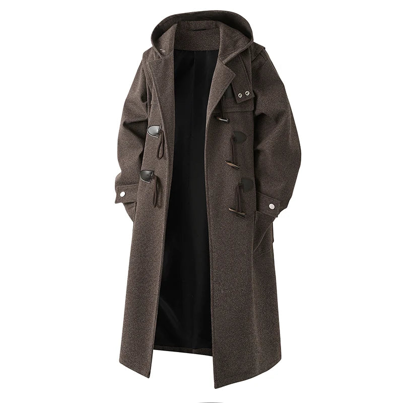 Autumn Men Thick Hooded Trench Coat Men Korean Wool Blends Overcoat Men Casual Horn Button Woollen Coat Black Warm Loose Coat
