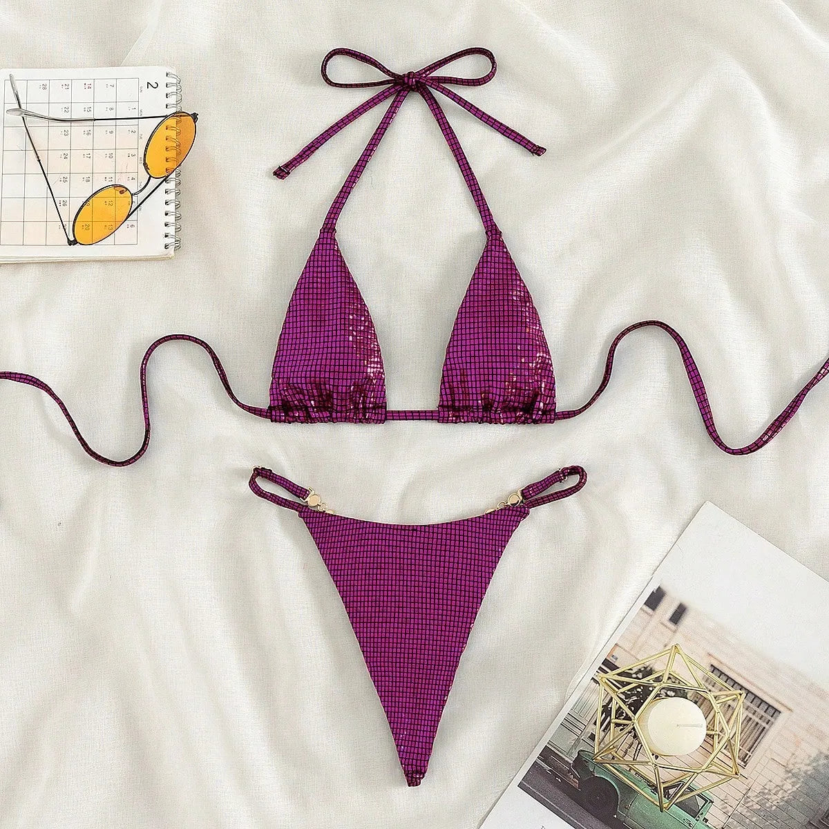 XS - L Sexy Diamond Mini Tanga Halter Bikini Mujer Traje de baño Traje de baño femenino Conjunto de bikini de dos piezas Traje de baño Nadar