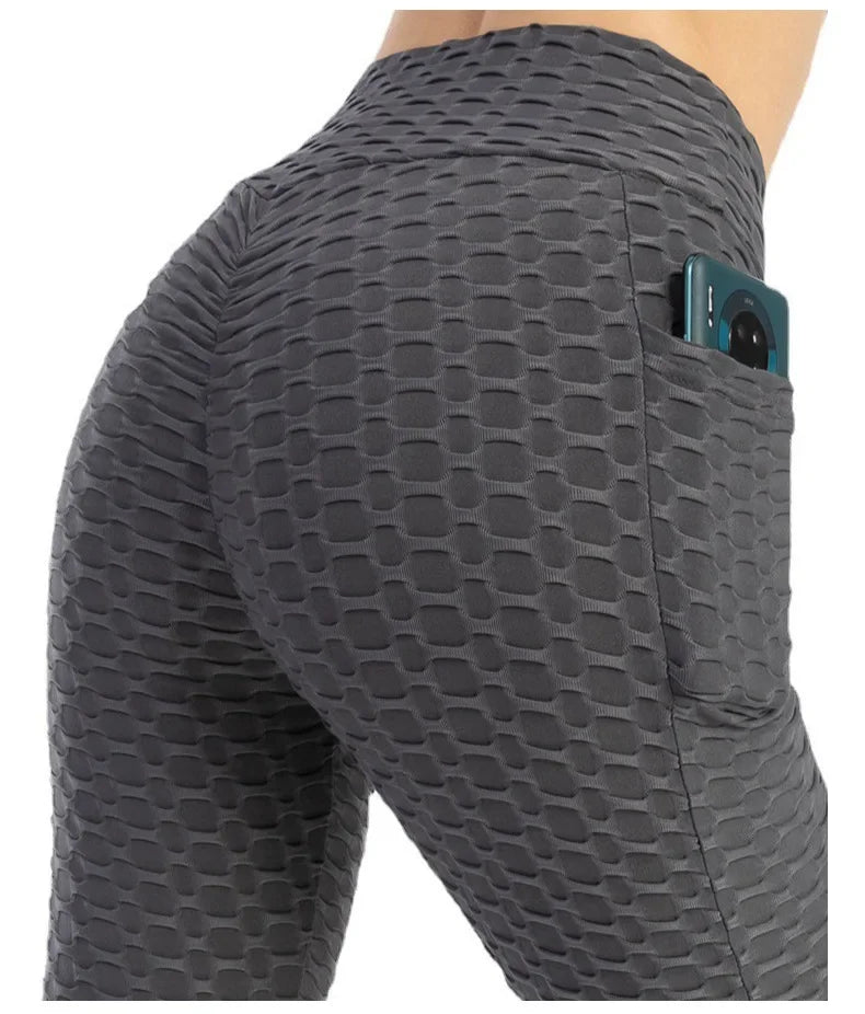 Leggings de cintura alta con efecto push-up de Amazon Europa, material de nylon, estampado jacquard, pantalones deportivos con bolsillo para mujer.