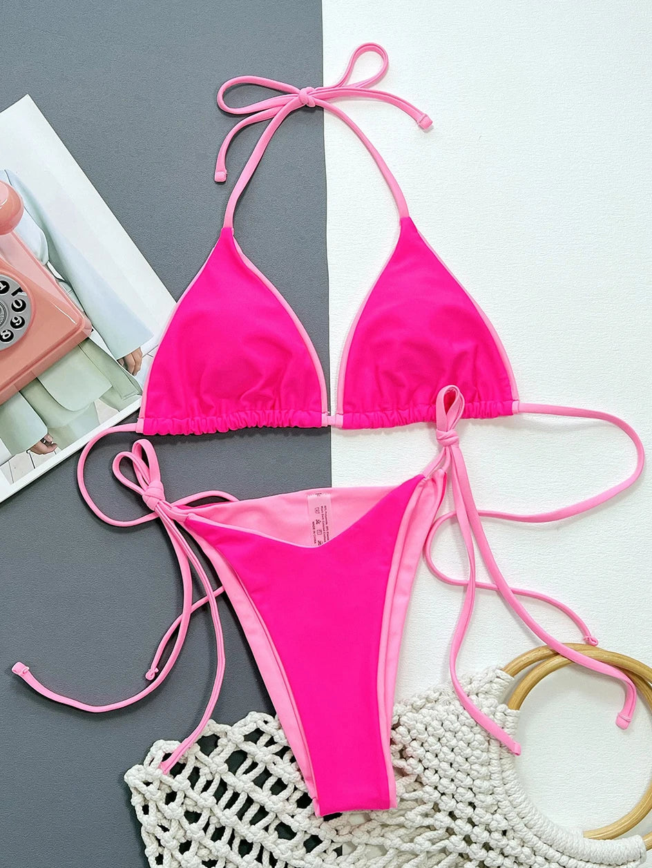 Microbikini de leopardo sexy para mujer, traje de baño femenino de 2023, conjunto de bikini tipo tanga, brasileño, con cuello halter, ropa de playa con cordones