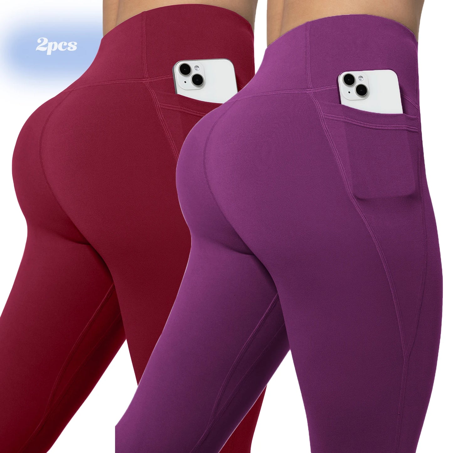 Leggings de yoga para mujer, 2 unidades, con bolsillos, color liso, para gimnasio, actividades al aire libre, cintura alta, ajustados, pantalones deportivos para correr.