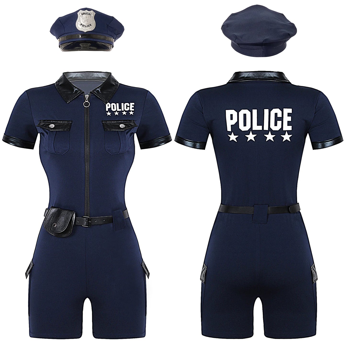 Women Cop Police Uniform Policewoman Cosplay Costume Zipper Short Sleeve Jumpsuit with Belt Purse Hat Halloween Party Clubwear