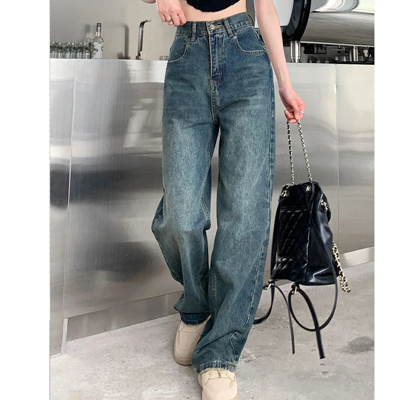 Pantalones vaqueros de pierna ancha para mujer, de cintura alta, con contraste, rectos, holgados, para otoño
