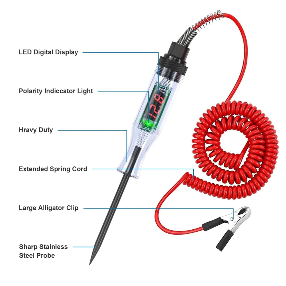 Probador de circuito automotriz con luz de prueba, 3-48 V CC, pantalla LCD digital, cable de resorte prolongador para sedán, SUV, RV, camión y cortadora de césped.