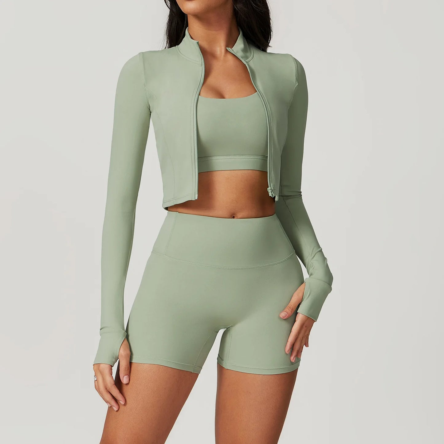 Conjunto de yoga de 3 piezas para mujer, conjuntos de entrenamiento, ropa deportiva para gimnasio, ropa deportiva con cremallera, leggings de manga larga y cintura alta, trajes deportivos, traje de yoga