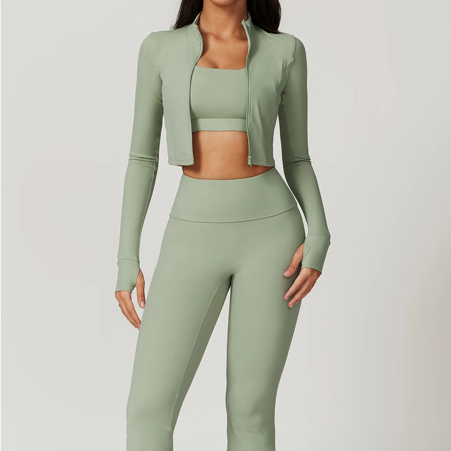 Conjunto de yoga de 3 piezas para mujer, conjuntos de entrenamiento, ropa deportiva para gimnasio, ropa deportiva con cremallera, leggings de manga larga y cintura alta, trajes deportivos, traje de yoga