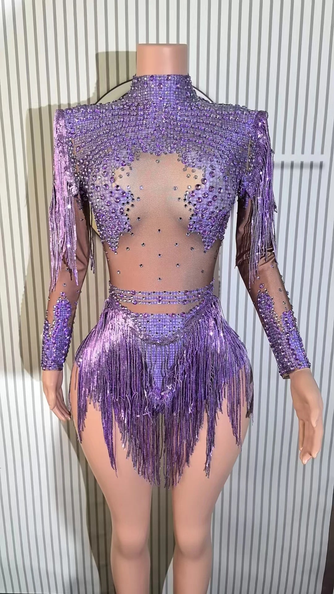 Sexy Skinny Leotard Singer Dancer Show StageWear Sparkly Blue Rhinestones Women DanceCostume Fringes One Shoulder Bodysuit 7G