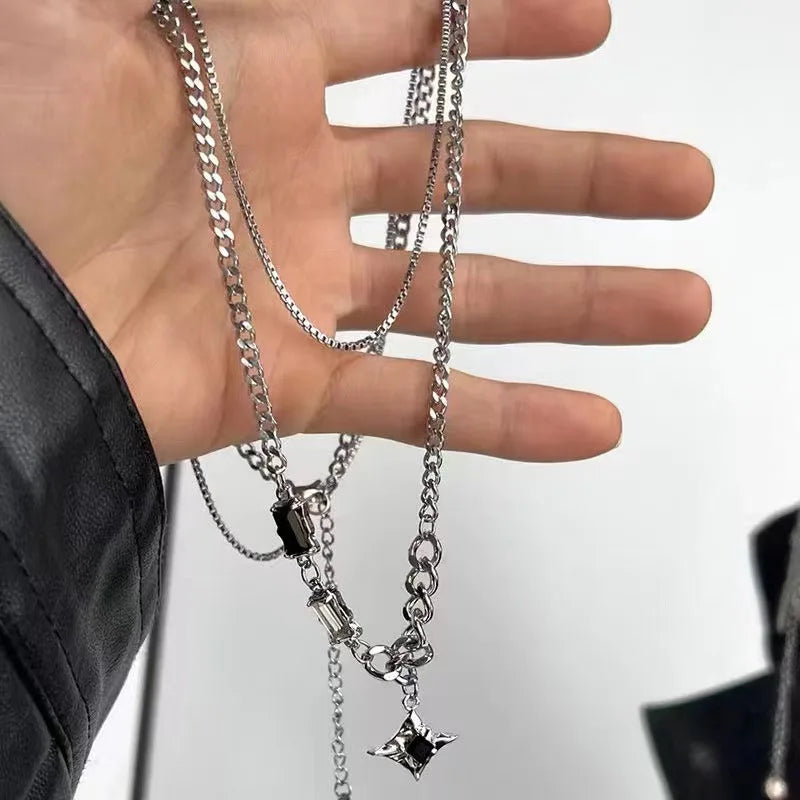Collar de doble capa con estrella de circón estilo hip hop para hombres y mujeres, cadena colgante de acero de titanio con dije de tendencia, joyería unisex al por mayor