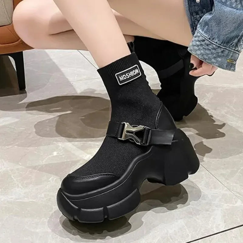 Botines de plataforma alta de 8 cm para mujer, botas cortas con suela gruesa y suela gruesa, antideslizantes, para motocicleta, para otoño