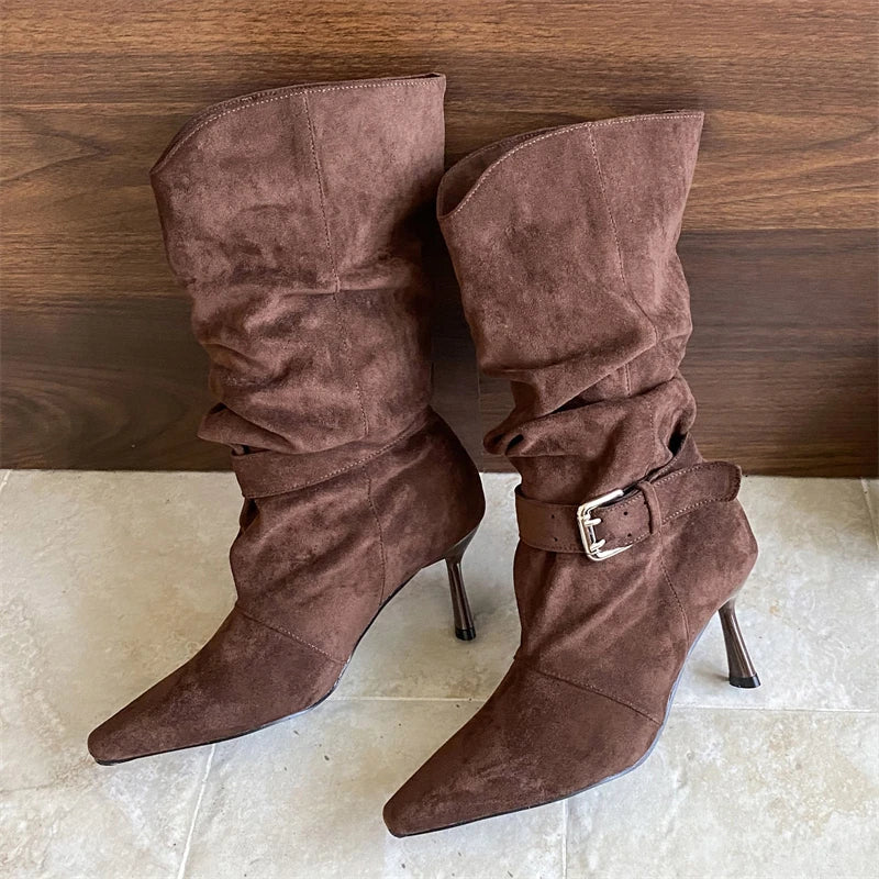 Eilyken Street Style Sexy Thin Heels Women Ankle Boots Punk Pleated Buckle Strap Booties Stripper Party Shoes Zapatos De Mujer