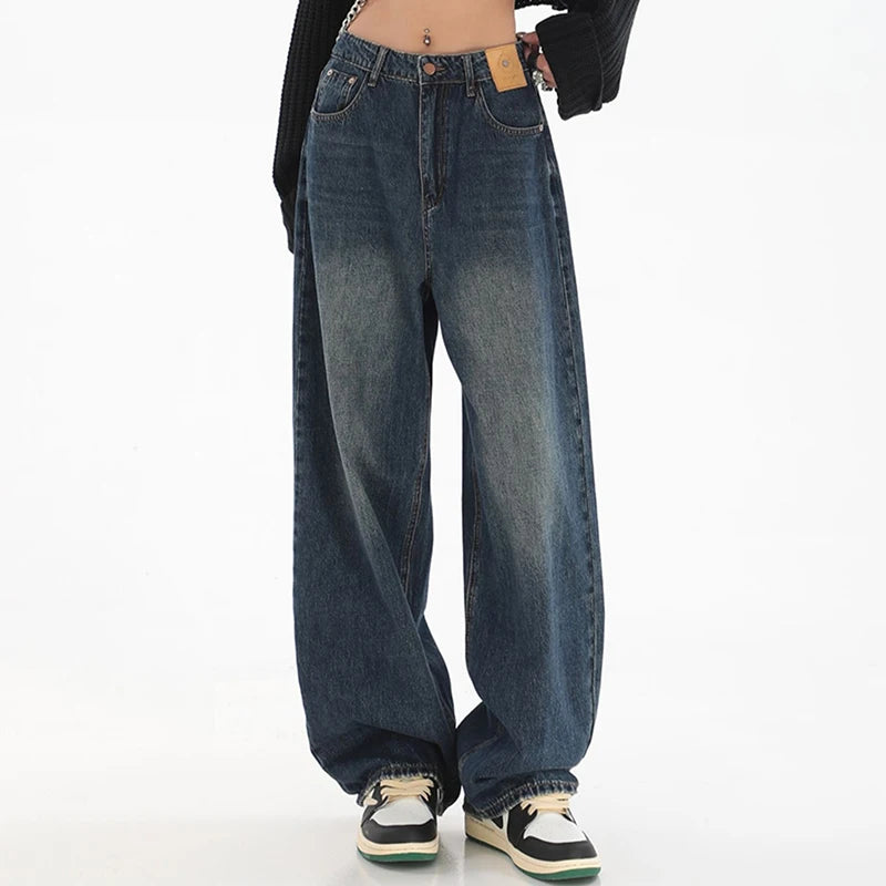 Pantalones vaqueros de cintura alta para mujer, ajustados, de pierna ancha, estilo urbano, estilo Y2k, años 2000, holgados, negros y azules