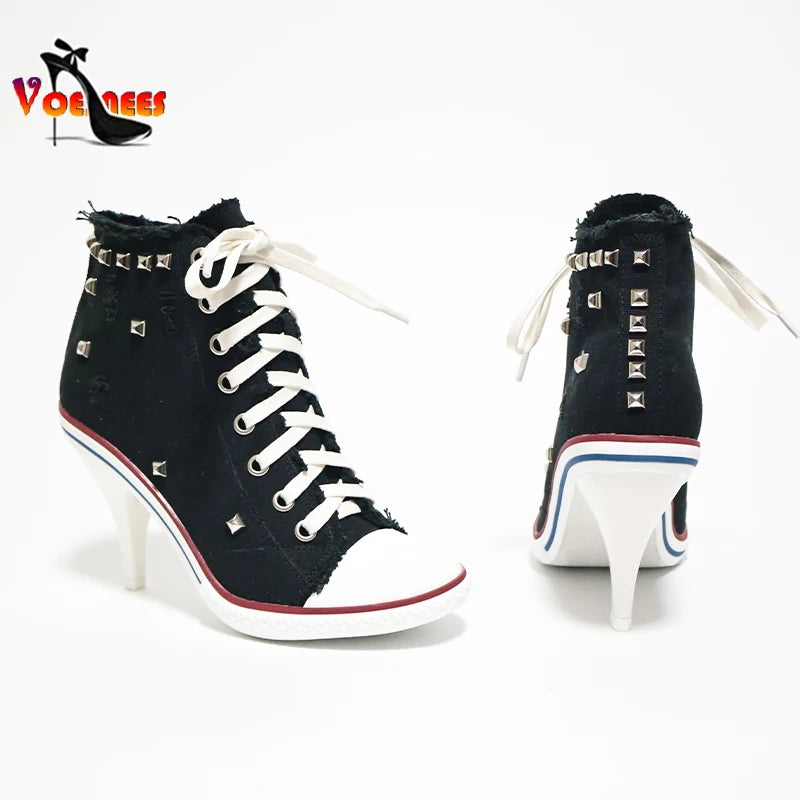 Botas cortas de mezclilla para mujer, botines con tachuelas y tacones altos, botas de mujer con remaches, tacones altos finos con cordones, zapatos de mezclilla