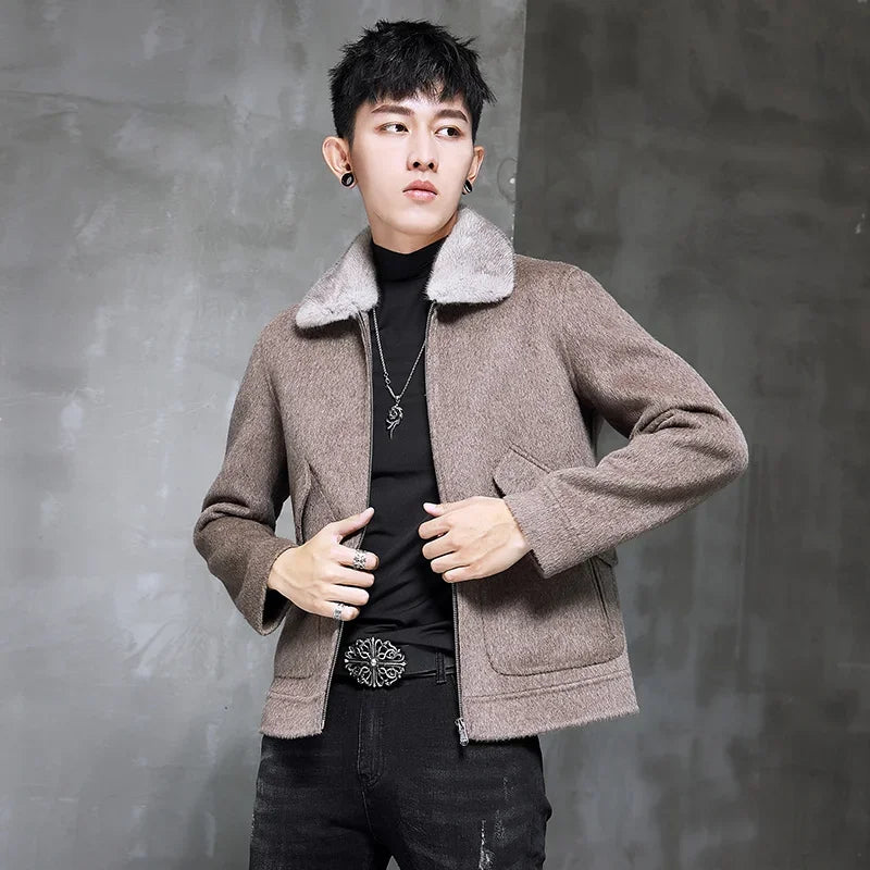 AYUNSUE Spring Autumn Wool Coat Men Double-sided Alpaca Jacket Mink Fur Collar Mens Coats and Jackets Overcoat 1970B KJ3859
