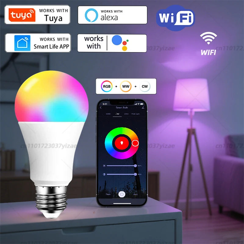 Bombillas inteligentes Tuya con Bluetooth y WiFi, E27, LED RGB, 9 W, 15 W, control por voz con la aplicación Smart Life, Alexa, Google Home.