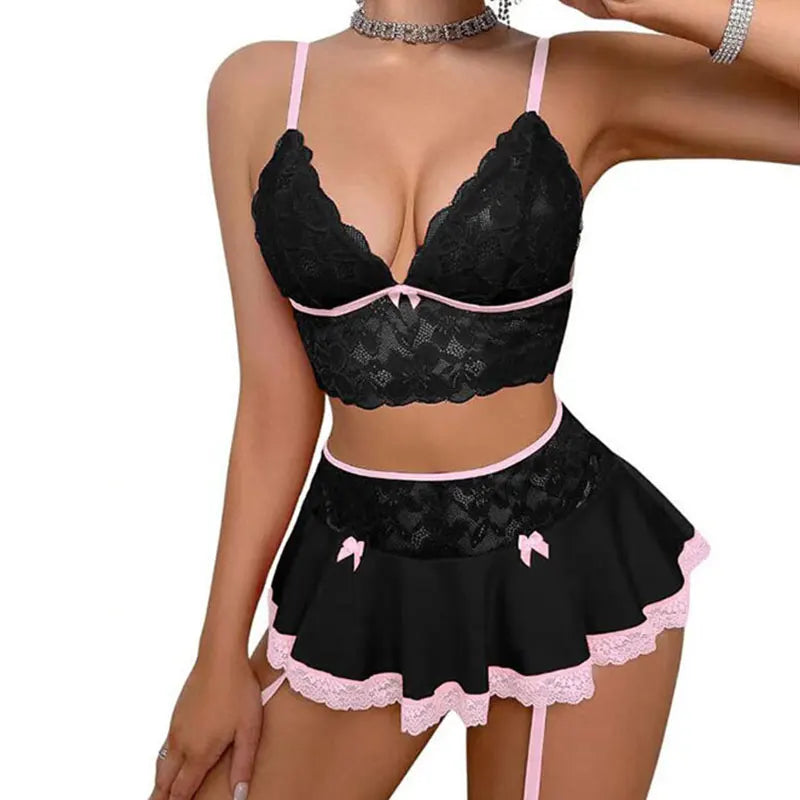 Cosplay Sexy Ropa Interior Sin Costuras Elegante Traje Erótico Para Mujer Sujetador Abierto Fantasía Mini Falda Conjunto De Liga