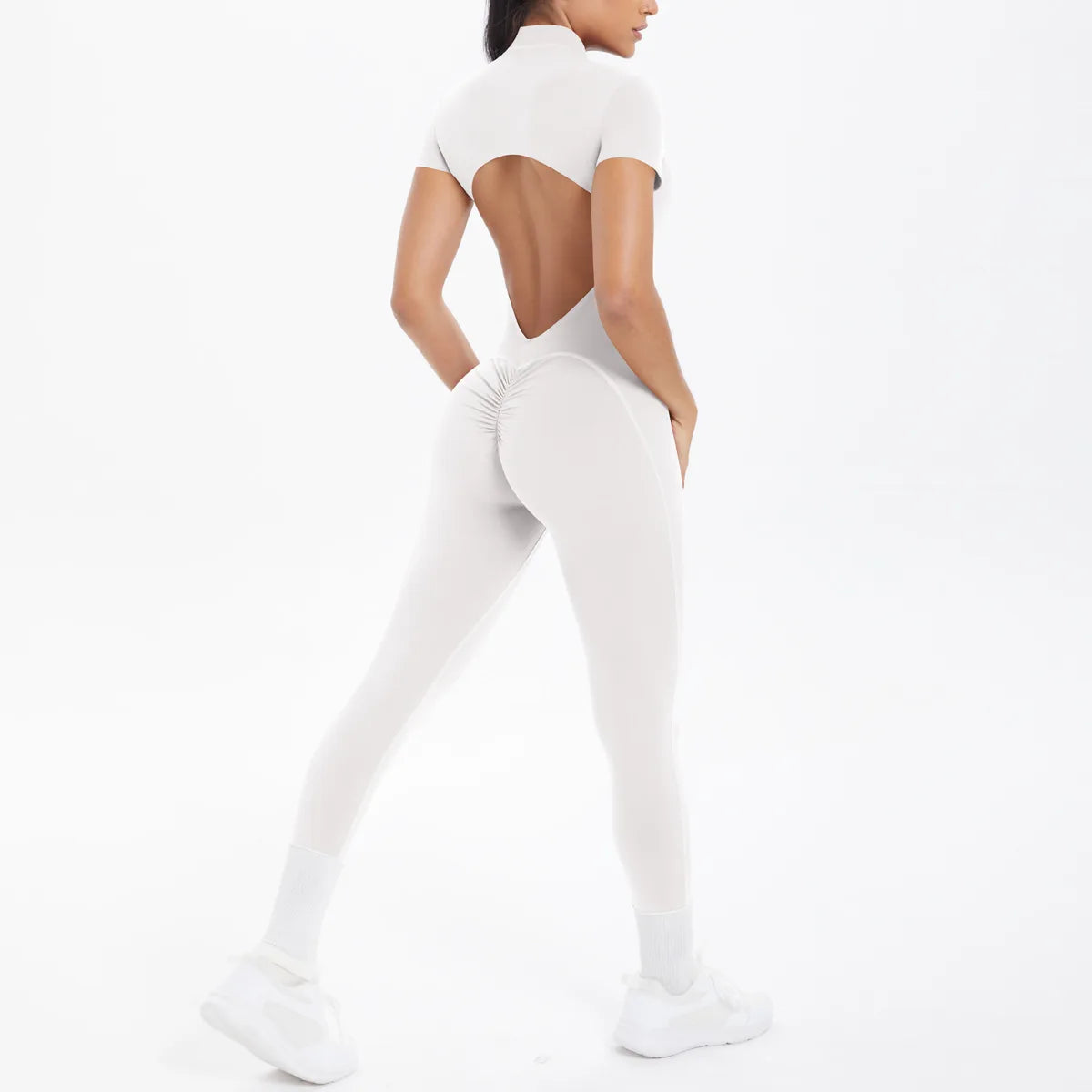 Mono deportivo de yoga sexy con cremallera frontal, espalda descubierta, manga corta, pantalones cortos, ropa deportiva para fitness, correr, gimnasio, yoga y actividades deportivas para mujer.