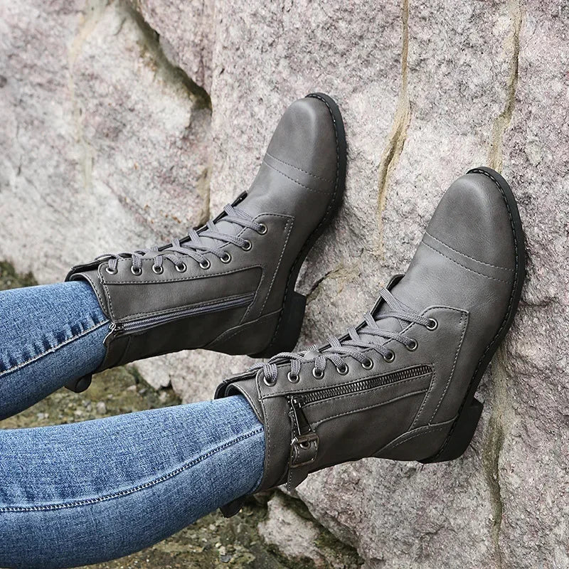 Botines de tacón cuadrado para mujer, botas de trabajo cortas de piel sintética para otoño e invierno, botas elásticas con cordones de talla grande para mujer 2024