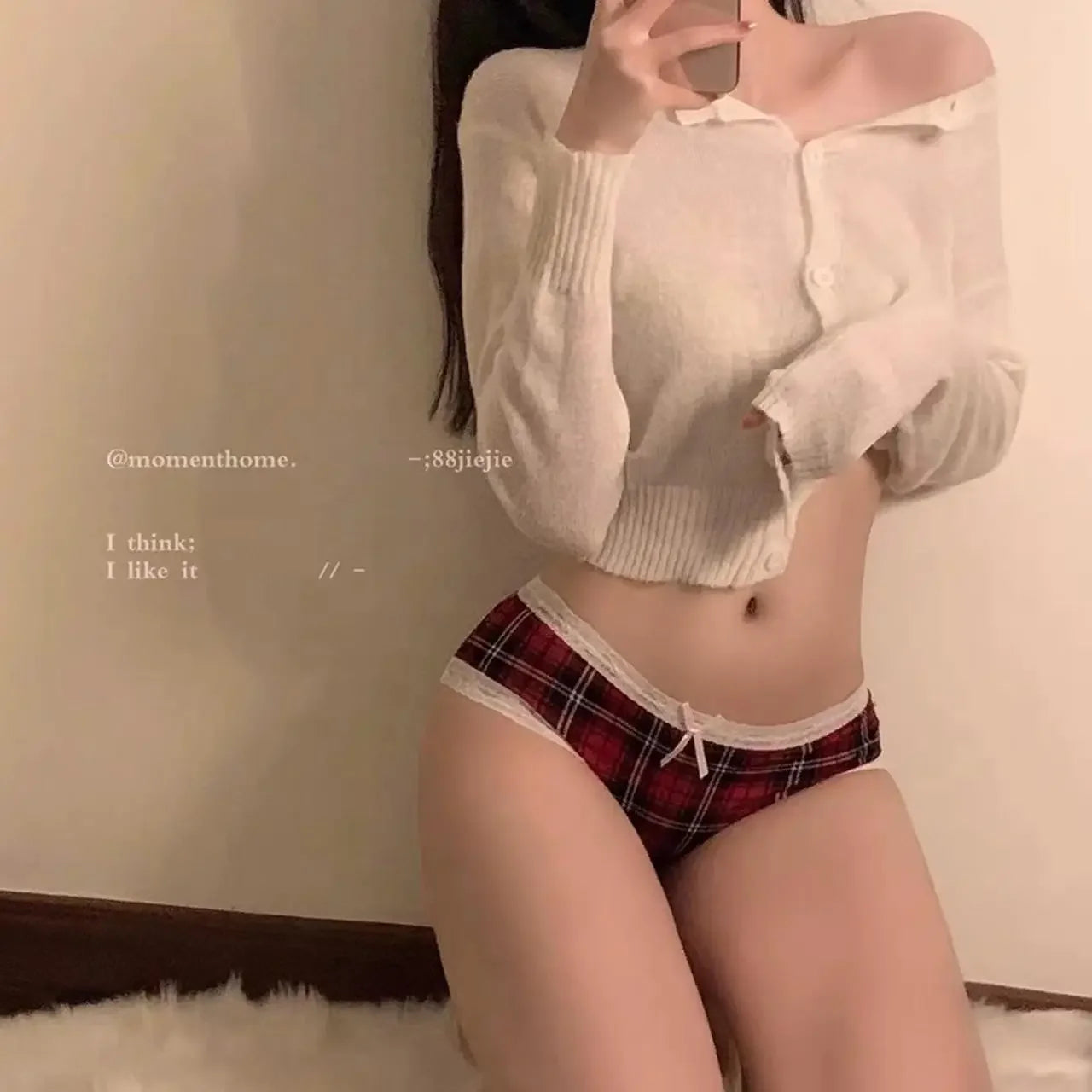 Ropa interior de seda helada a cuadros de cintura baja para mujer, con borde de encaje dulce, pantalones triangulares a cuadros rojos de chica americana retro