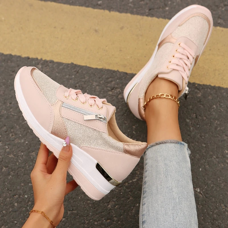 Zapatillas de deporte con cuña rosa de moda 2025 para mujer, ligeras, transpirables, informales, con plataforma vulcanizada y de talla grande.