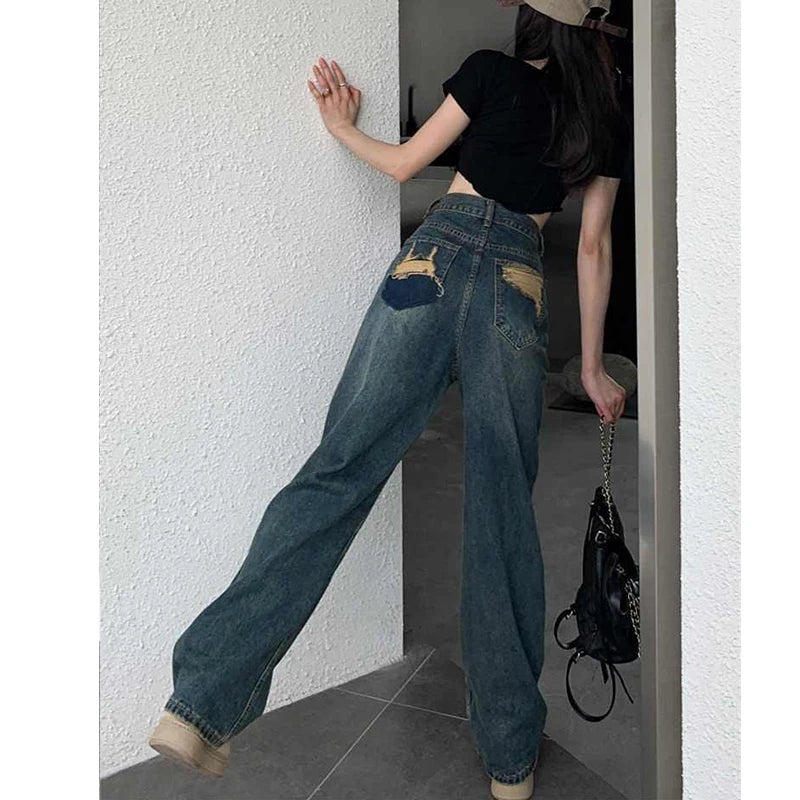 Pantalones vaqueros de pierna ancha para mujer, de cintura alta, con contraste, rectos, holgados, para otoño