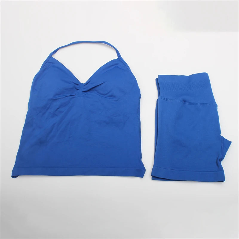 Women's Electric Blue Blossom High Stretch Top Sports Bra Shorts Set Comfortable Gym Workout Yoga Active Wear Impact Outfit