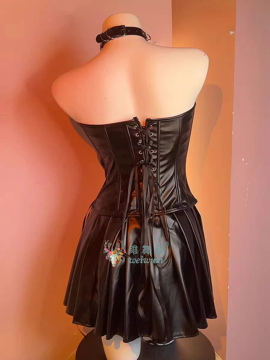 PU Leather Top and Skirt Set Vestido Strapless Top Shiny Hot Dress Tight Package Hip Queen Uniform Sexy Clubwear Cat Girl Set