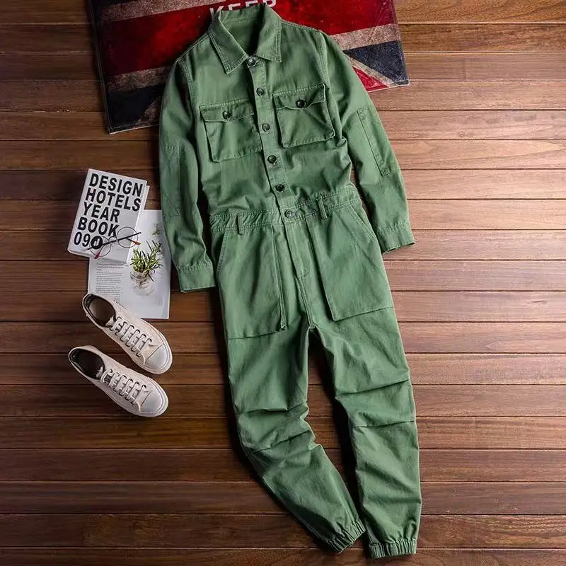Spring Overalls Men's Jumpsuit Loose Long Sleeve Cotton Cargo Pants Black Yellow Workwear Trousers Working Uniform Rompers