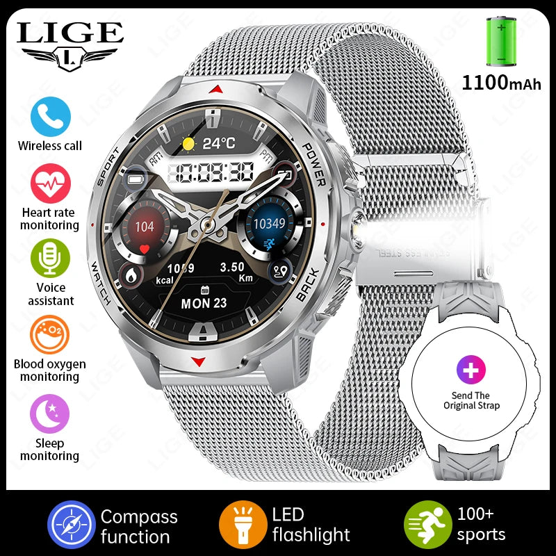 Reloj inteligente deportivo para exteriores para hombre, con batería grande de 1100 mAh, brújula, linterna LED, control del ritmo cardíaco, compatible con Android e iOS.