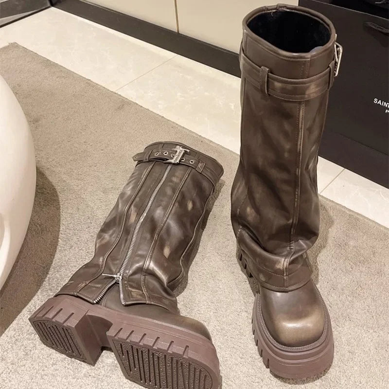 Botas de media caña para mujer de la marca Desinger Knight, con plataforma de tacón alto grueso, estilo punk, estilo motociclista, estilo gótico, para la calle.