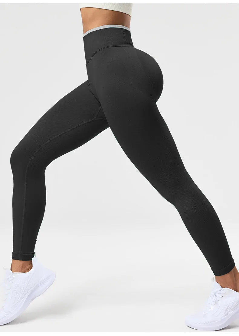 VEQKING Color Contrast Sports Women Yoga Pants Ignite Sculpt Scrunch Sports Leggings Seamless Push Up Gym Elastic Workout Tights