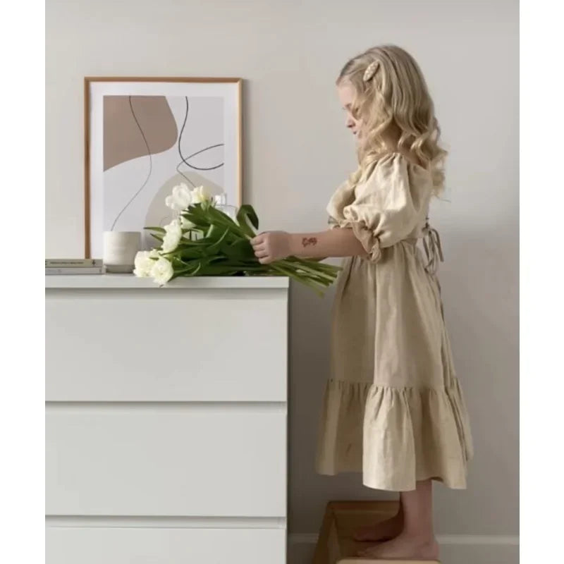 Vestido de verano para niñas, de algodón y lino, con espalda ajustada y mangas abullonadas, estilo princesa, sencillo y dulce, 2023