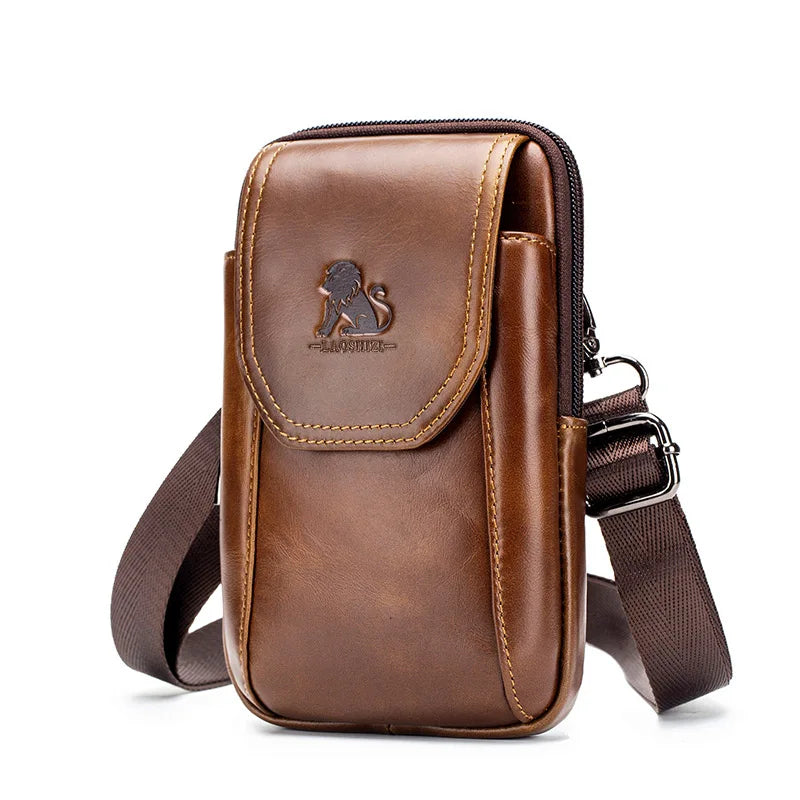 Saco de cintura de cuero genuino masculino auténtico, puede ser desgastado con ganchos, saco del teléfono