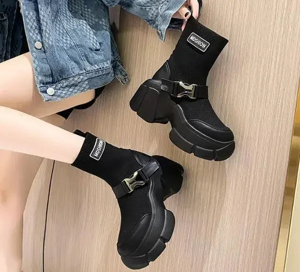 Botines de plataforma alta de 8 cm para mujer, botas cortas con suela gruesa y suela gruesa, antideslizantes, para motocicleta, para otoño