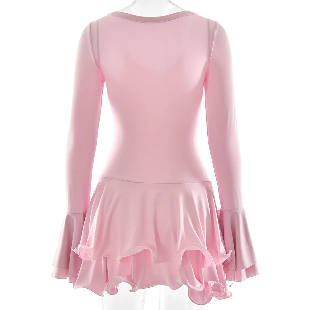 Vestido corto de mujer con volantes, patchwork blanco y negro, manga larga acampanada, encaje y cordones, para fiesta, noche, mini vestido, azul, rosa, rojo.