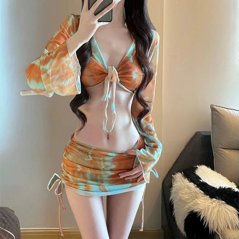Conjunto de bikini para mujer, traje de baño Vaion separado, Pure Desire, sexy, de cuatro piezas, conservador, ajustado, pecho pequeño, fruncido, persona...