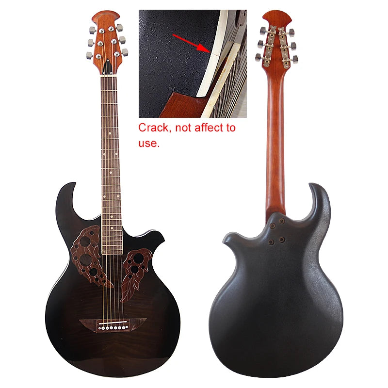 Guitarra acústica de fondo redondo con pequeños defectos, tapa flameada de alto brillo, 6 cuerdas, 38"