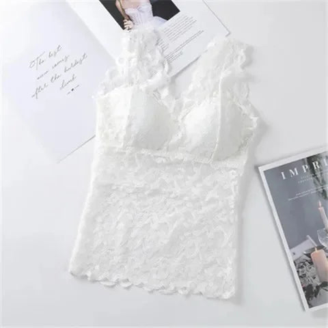 Camiseta de tirantes de encaje de talla grande para mujer, de longitud media, estilo fino de verano con almohadilla para el pecho, capa base, ropa interior exterior
