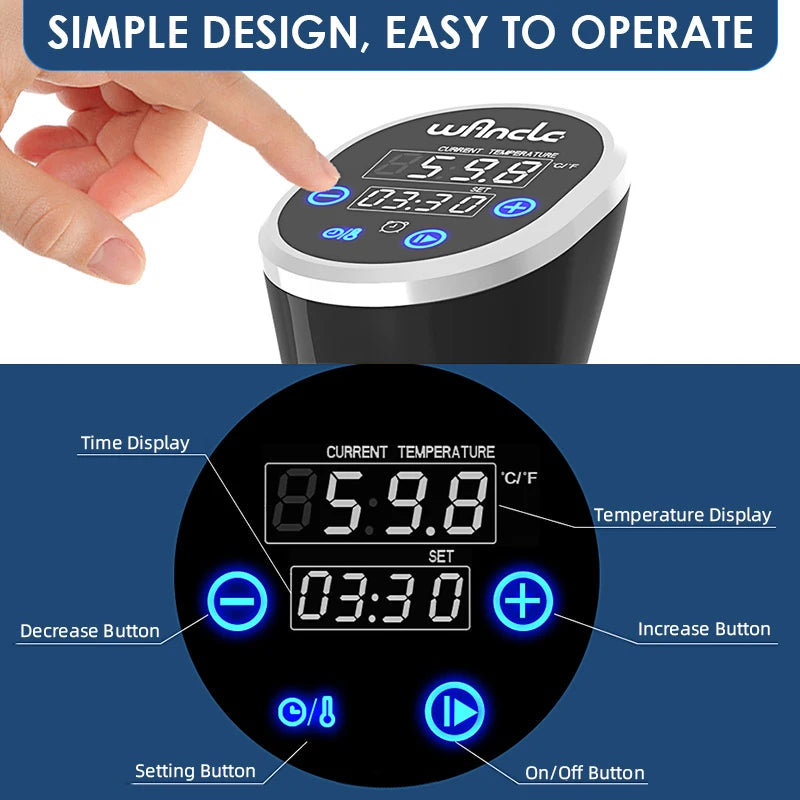Cocina al vacío Wancle de 1100 W con pantalla LCD táctil, circulador de inmersión, cocción precisa, resistente al agua IPX7 y con pantalla digital.