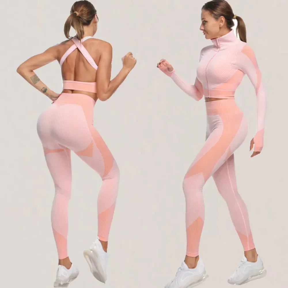 Conjunto de 3 piezas de yoga sin costuras, chaleco deportivo de fitness, pantalones de cintura alta que levantan la cadera, ropa de entrenamiento, conjunto de leggings de gimnasio para mujer