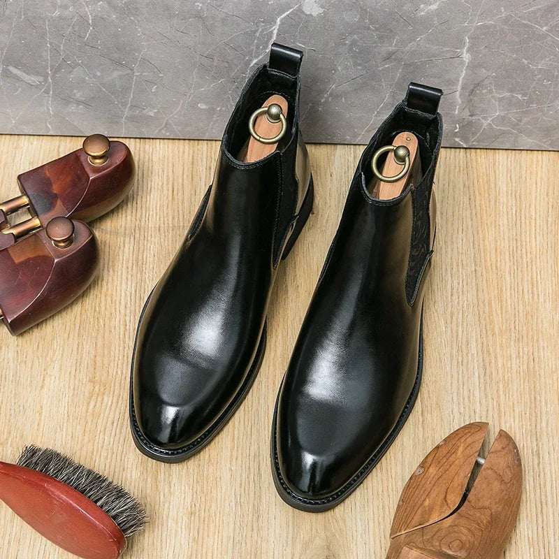 Botas Chelsea para hombre, de PU, lisas, hasta el tobillo, de caña alta, tacón bajo, con banda elástica tallada, botas formales de trabajo para negocios, tallas grandes 38-46