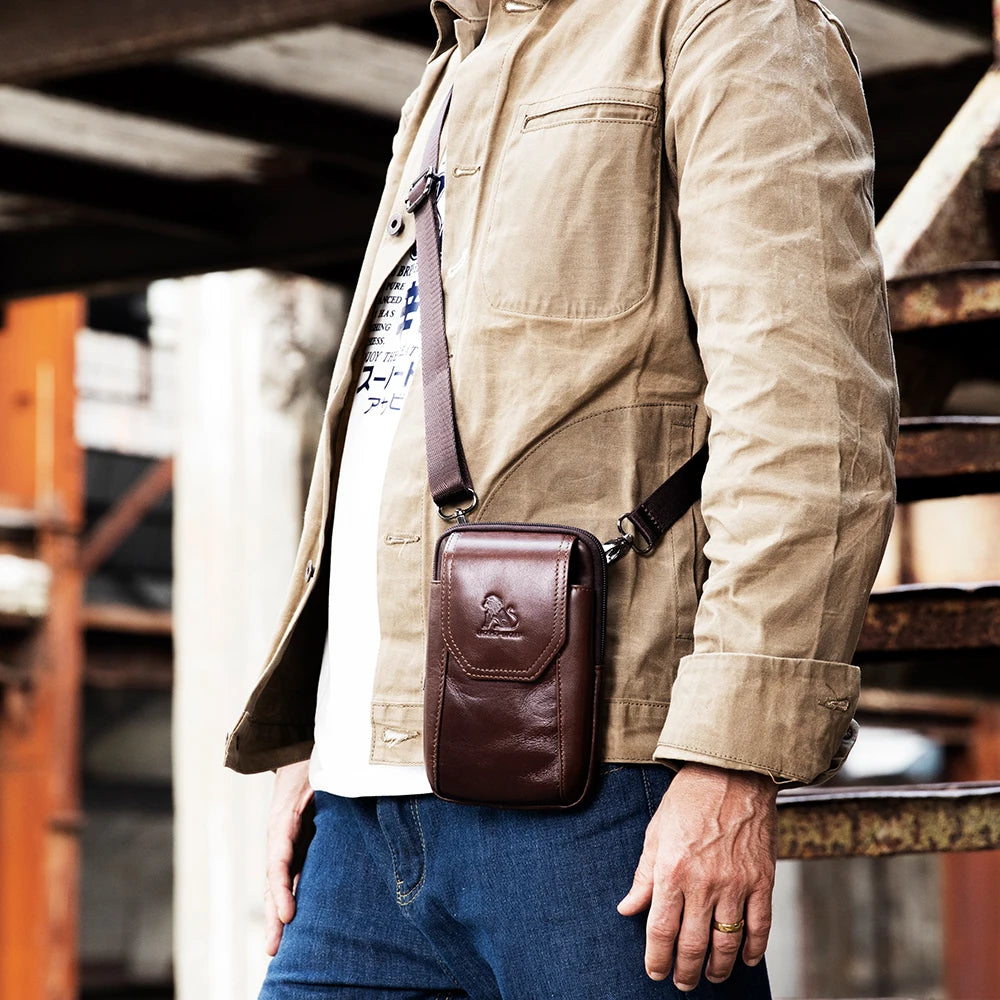 Saco de cintura de cuero genuino masculino auténtico, puede ser desgastado con ganchos, saco del teléfono