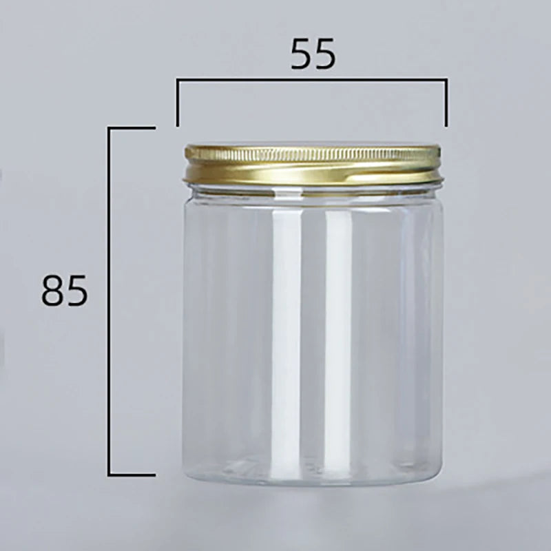 Frasco de plástico transparente de 15 tamaños con tapas de aluminio rosa, contenedor vacío para crema facial, contenedor de cosméticos, botellas rellenables de viaje doradas.