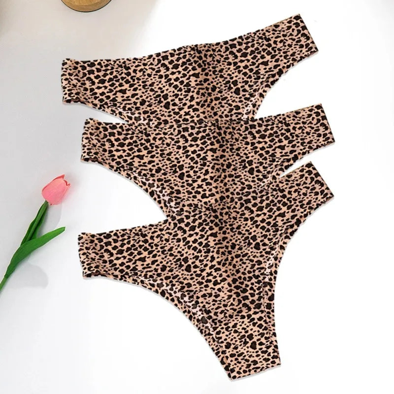 WarmSteps - Conjunto de 3 tangas sexys de leopardo para mujer, ropa interior femenina sin costuras, bragas estampadas de seda helada, 2024